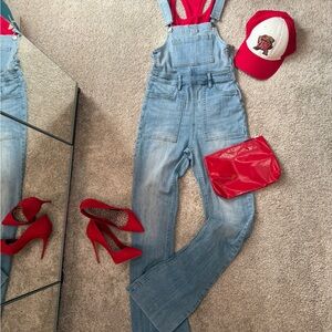 Kendall & Kylie Light Blue Denim Overalls with Red Accents